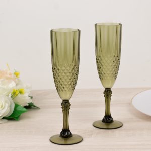 6-Pack Transparent Plastic Champagne Glasses 8oz, Crystal Cut Style Dusty Sage Green - Shatterproof Wedding Toast Flutes